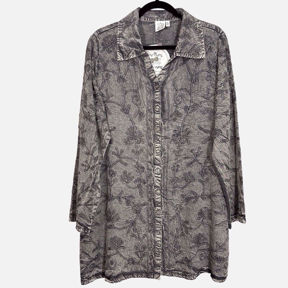 Parsley & Sage Embroidered Tunic Button Shirt Large Gray Wash Cotton Boho NWT